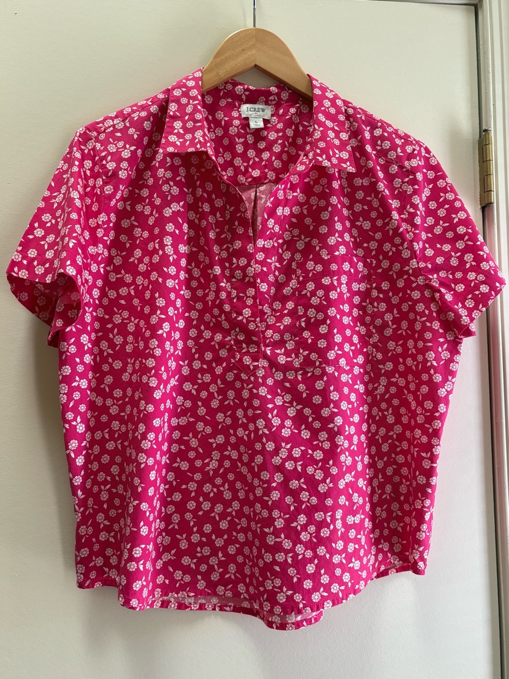 J Crew Pink Print Short Sleeve Button Down Blouse